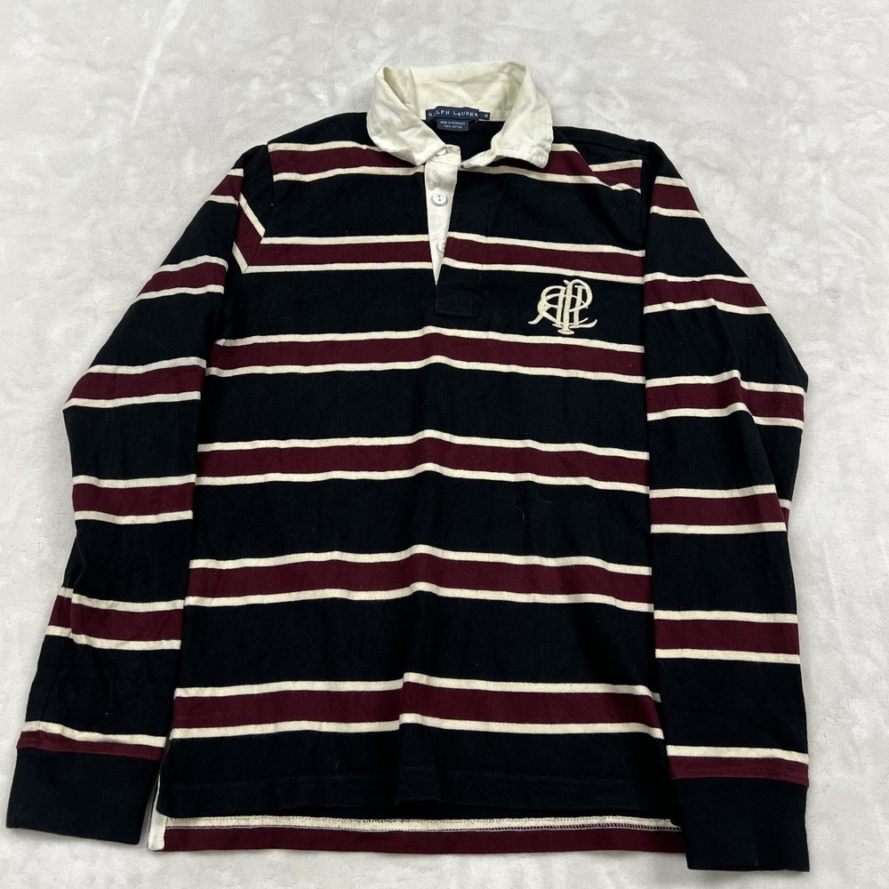 Ralph Lauren Rugby Shirt Mens M Navy Burgundy Striped Crest Long Sleeve Polo